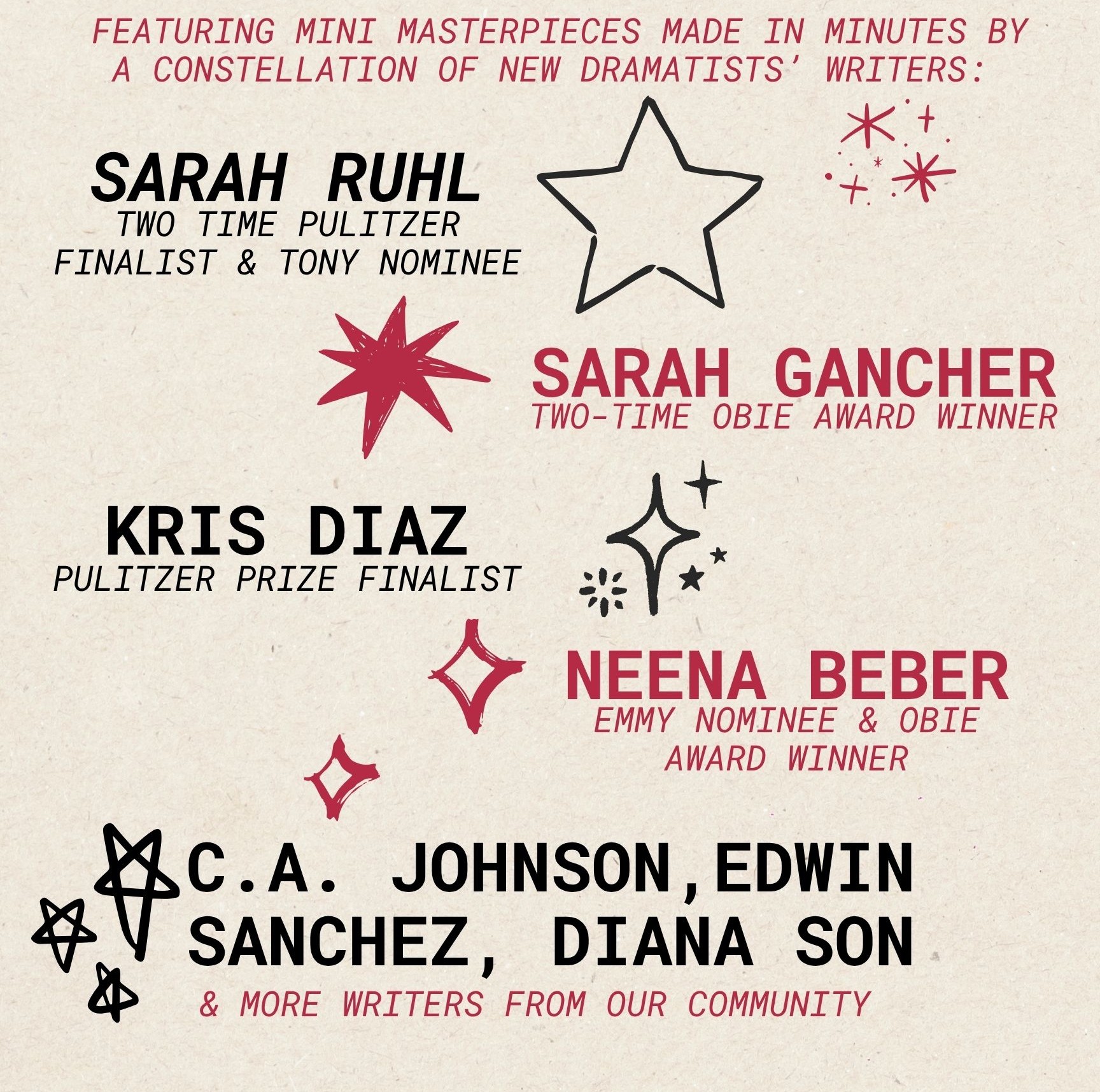 list of playwrights for 2026 Nocturnal Commissions: Sarah Ruhl, Sarah Gancher, Kris Diaz, Neena Beber, C.A. Johnson, Edwin Sanchez, Diana Son and MORE!